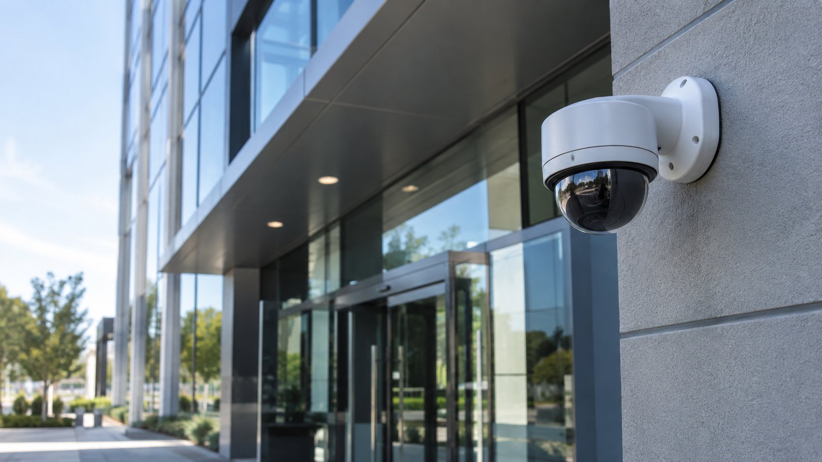White dome security camera mounted beside the glass entrance of an office building