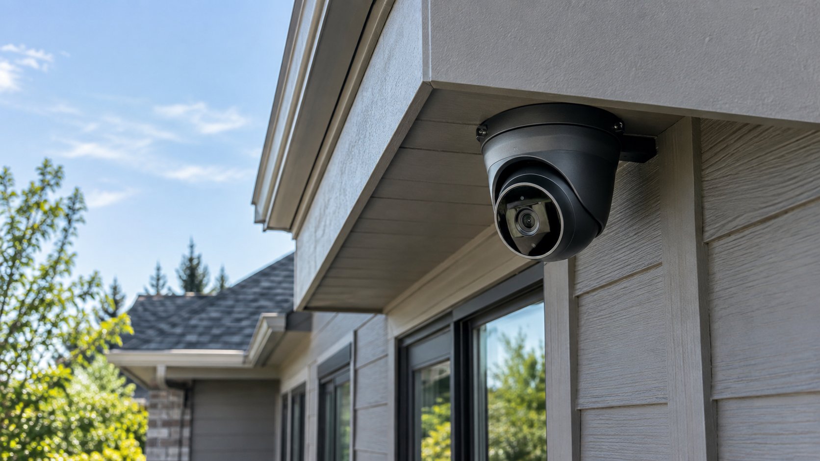 Black turret security camera mounted under the eaves of a modern home